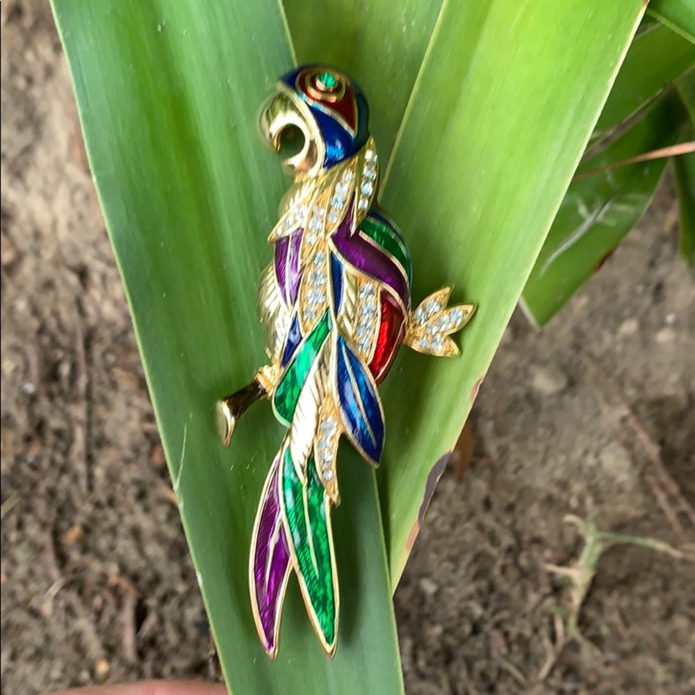 Modern Large Parrot Enamel & Rhinestone Brooch - Picture 12 of 16
